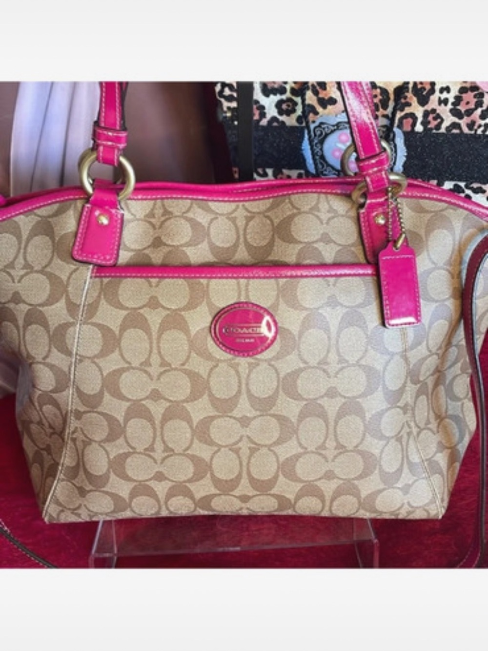 Coach Beige Signature Canvas Shoulder Tote with Pink Trim